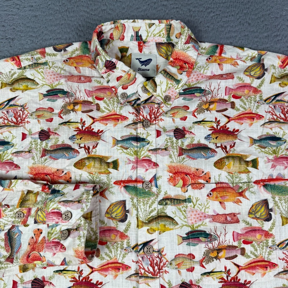 Yiume Shirt Mens 2XL Multicolor Fish Print Long Sleeve 100% Cotton Pocket